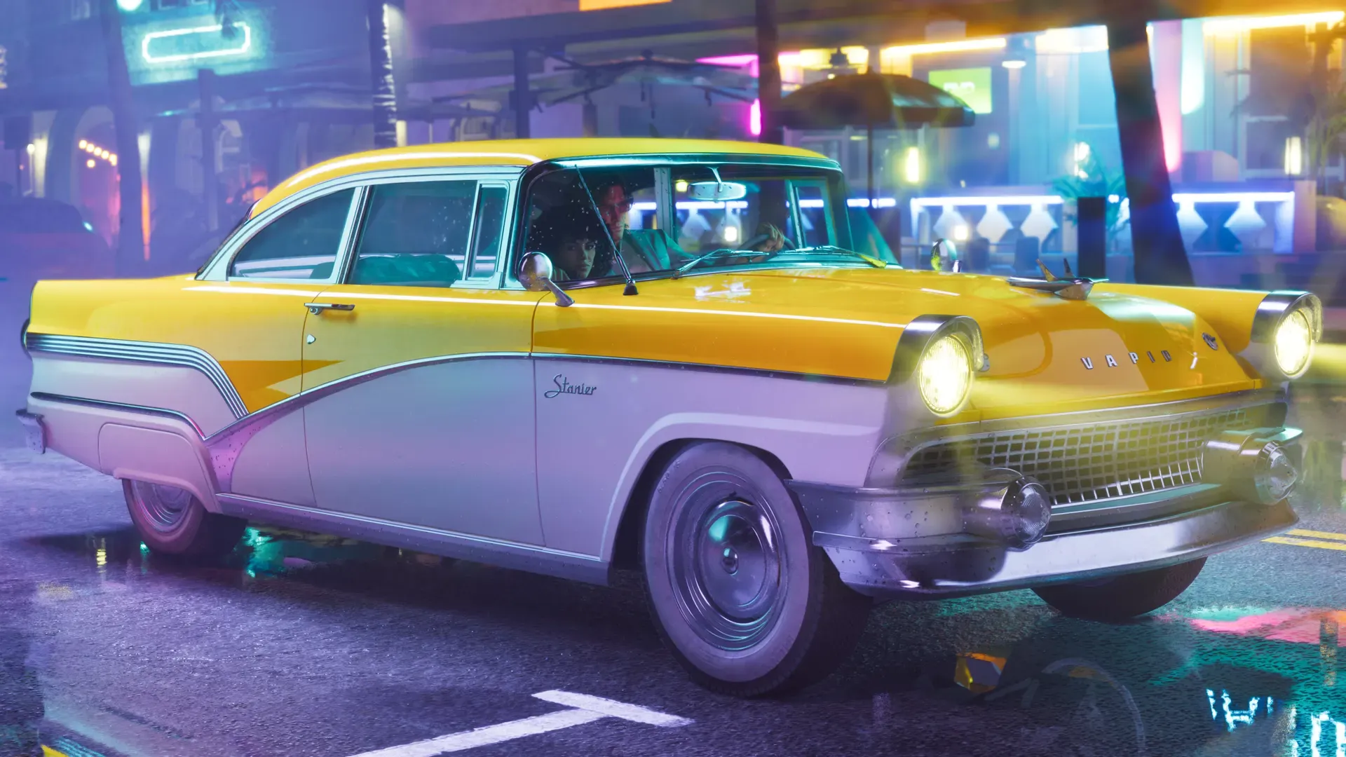 The '55 Vapid Stanier from the Vintage Vice City Pack, parked at night under neon