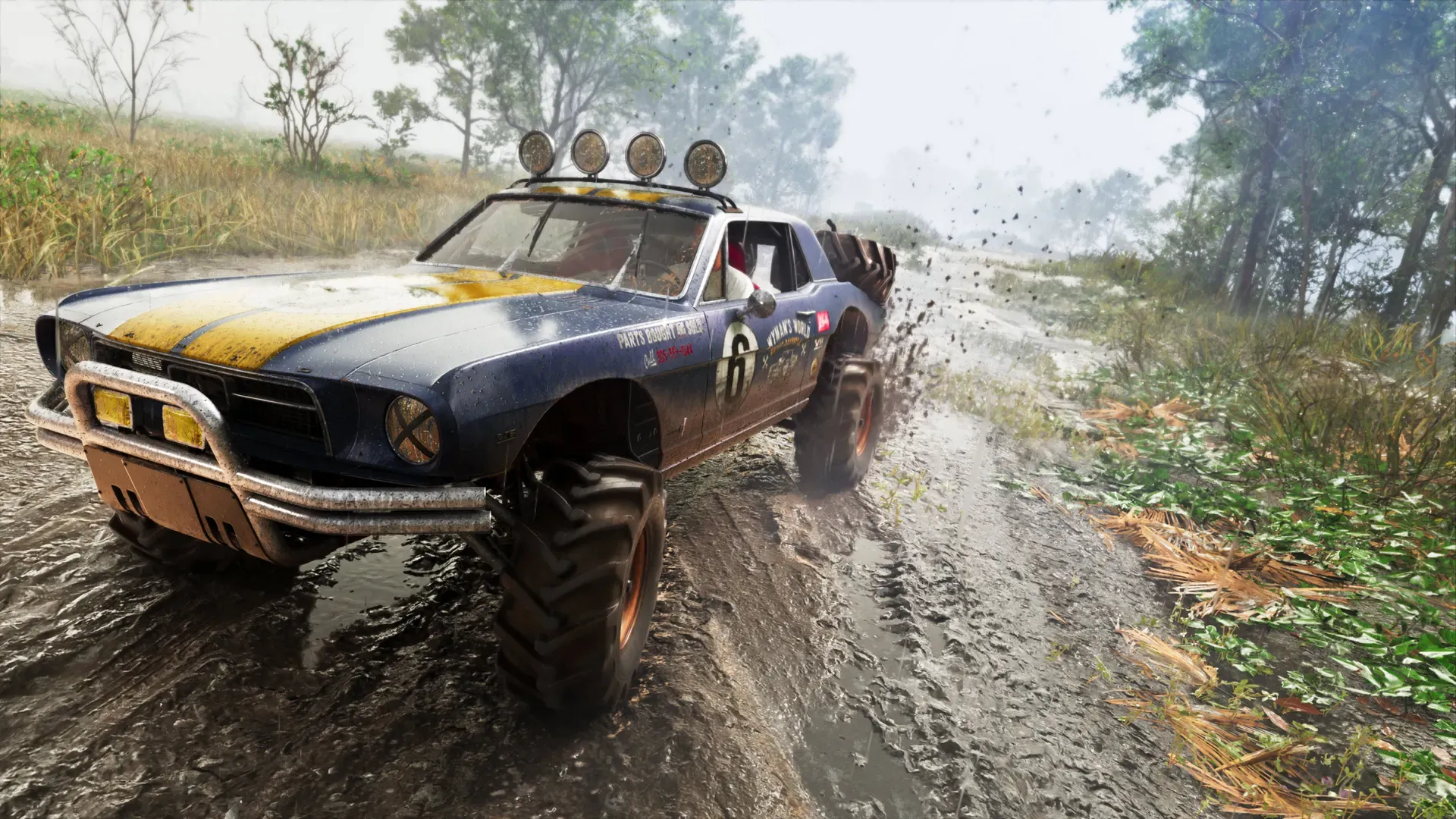 The '67 Vapid Dominator Buggy kicking up mud on a forest trail