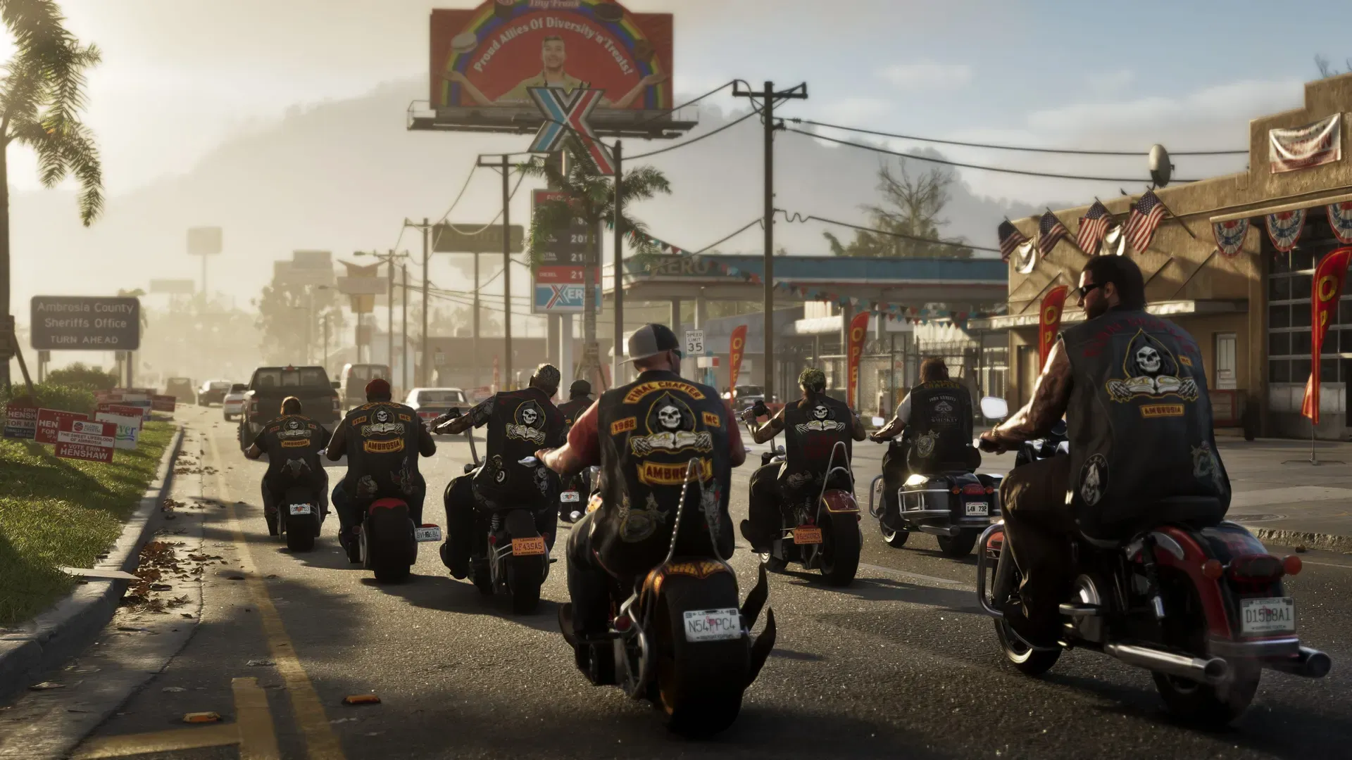 A motorcycle gang riding together in matching leather vests down a road in Ambrosia.
