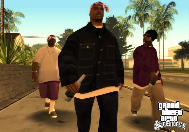Original game: three Ballas members in purple and dark clothes walk down an Idlewood pavement holding bottles