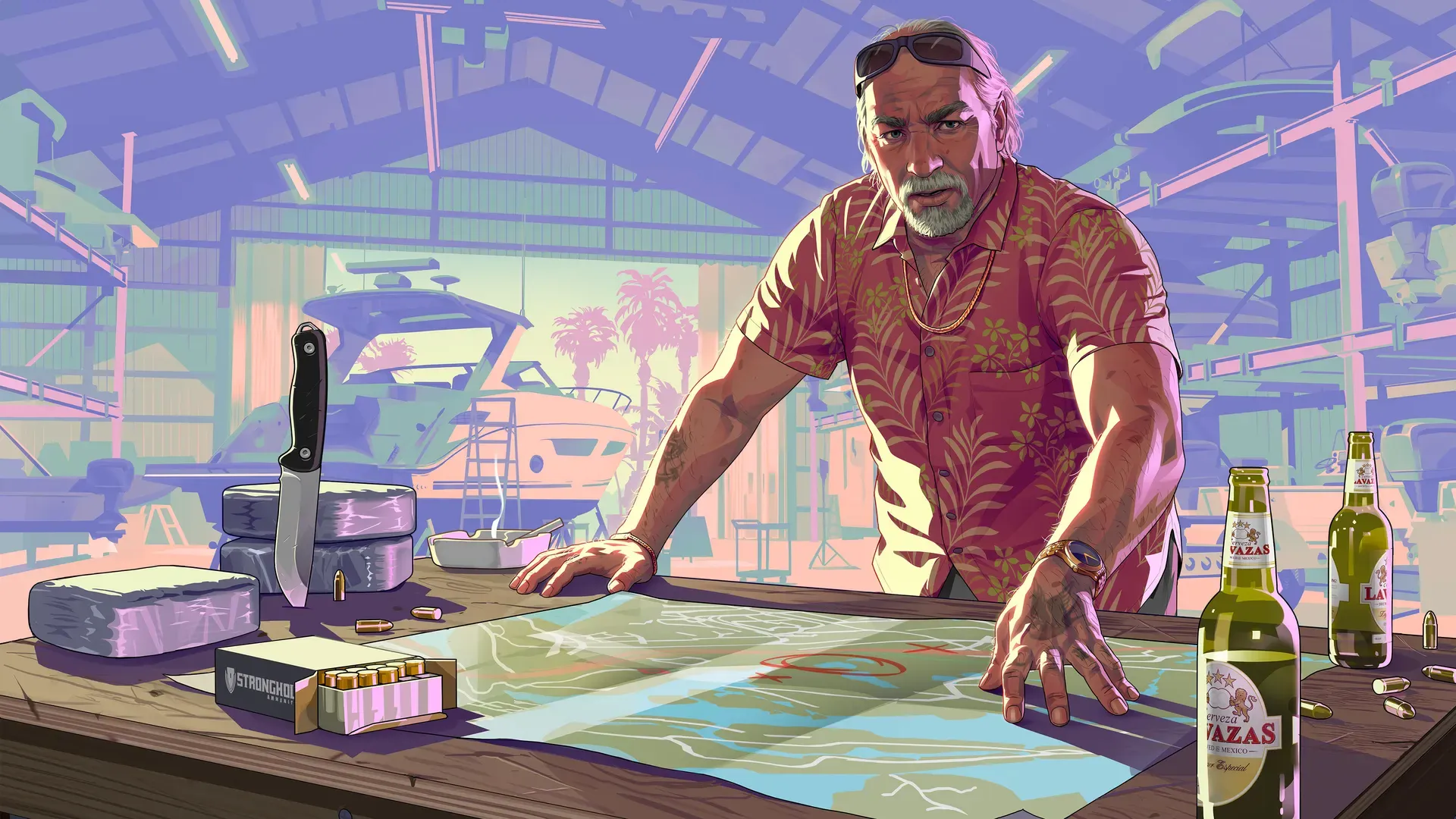 Official artwork of Brian Heder leaning over a table with a map and drinks