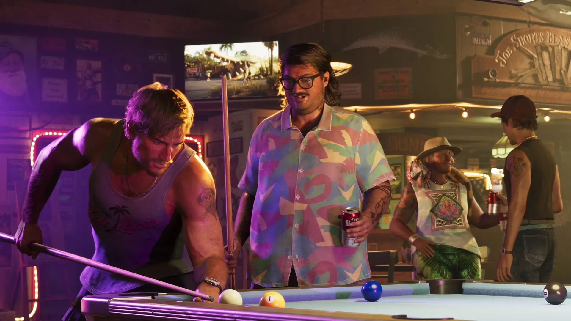 People hanging out at a bar. Jason and Cal play pool in the foreground.