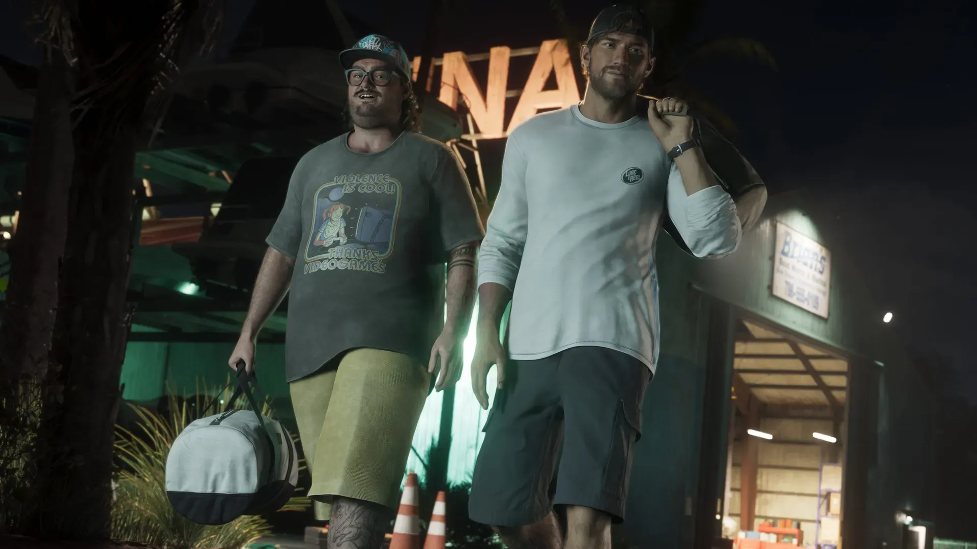 Cal and Jason walking side by side each holding a duffel bag.