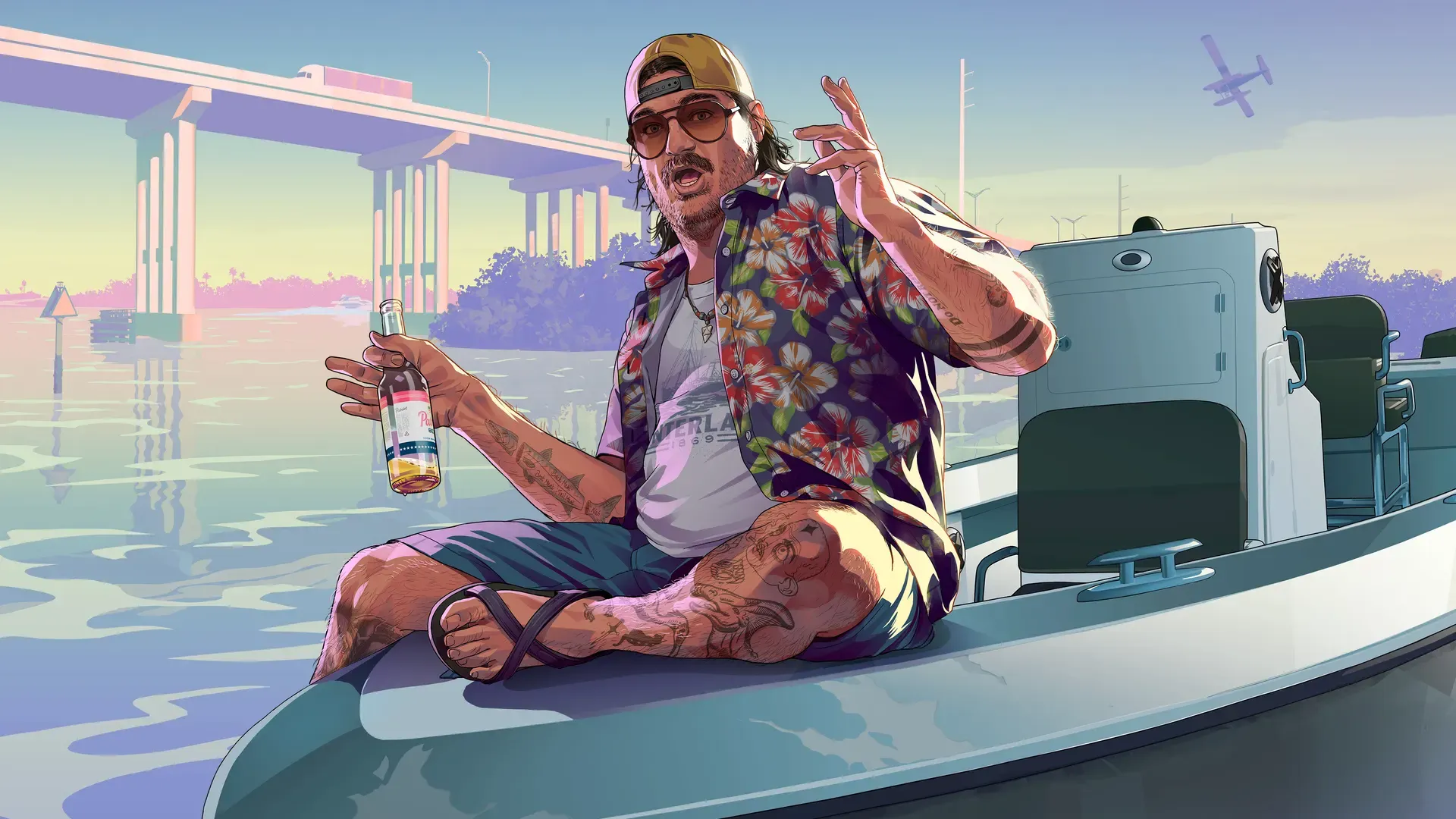 Official artwork of Cal Hampton relaxing on a boat with a beer
