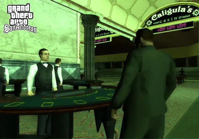 Original game: a man in a dark suit walks past a card table and dealers under the Caligula's casino sign