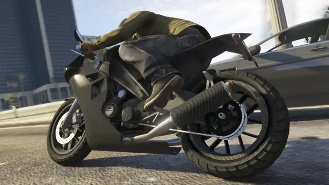 Official Rockstar image of the Carbon RS, a black carbon fiber sports bike, leaning into a turn on a city street