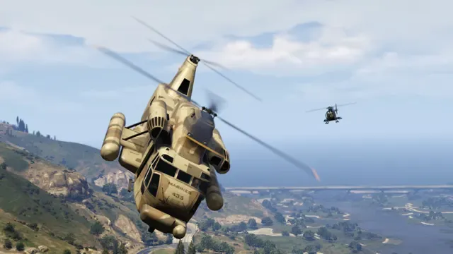 A large twin rotor cargo helicopter flies over hills by the coast, with a second helicopter behind