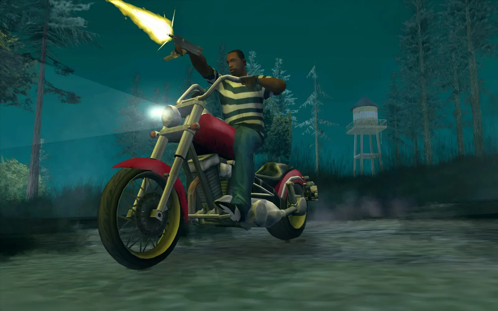 Original game (PC): a man in a striped shirt fires a pistol from a chopper motorcycle on a forest road at night, a water tower behind him