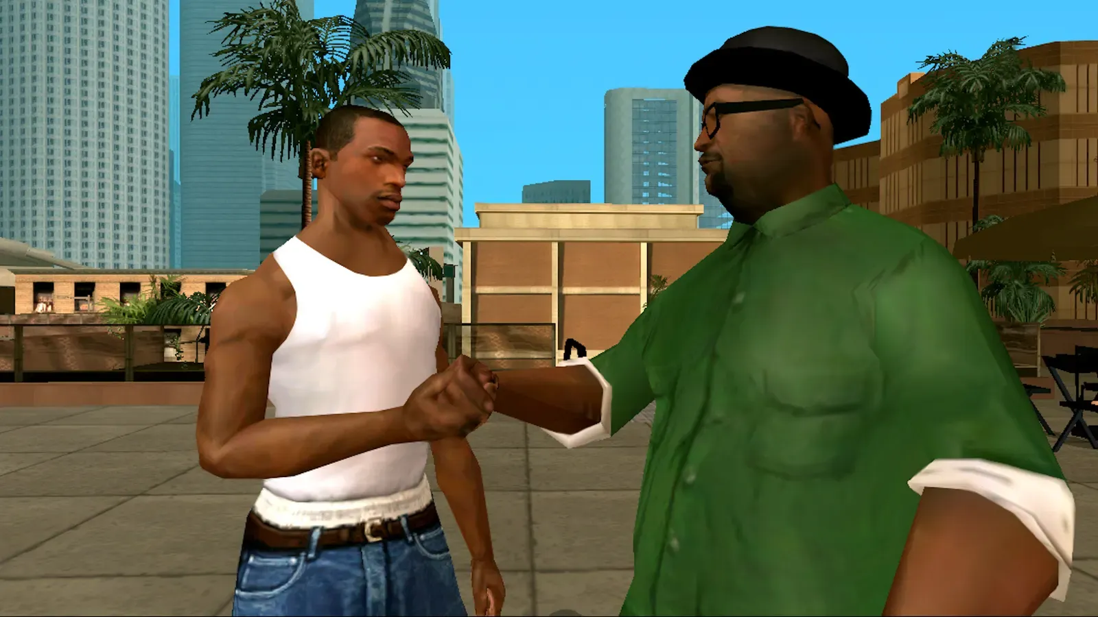 Original game, 2013 mobile release: CJ bumps fists with Big Smoke on a rooftop with downtown towers and palm trees behind them