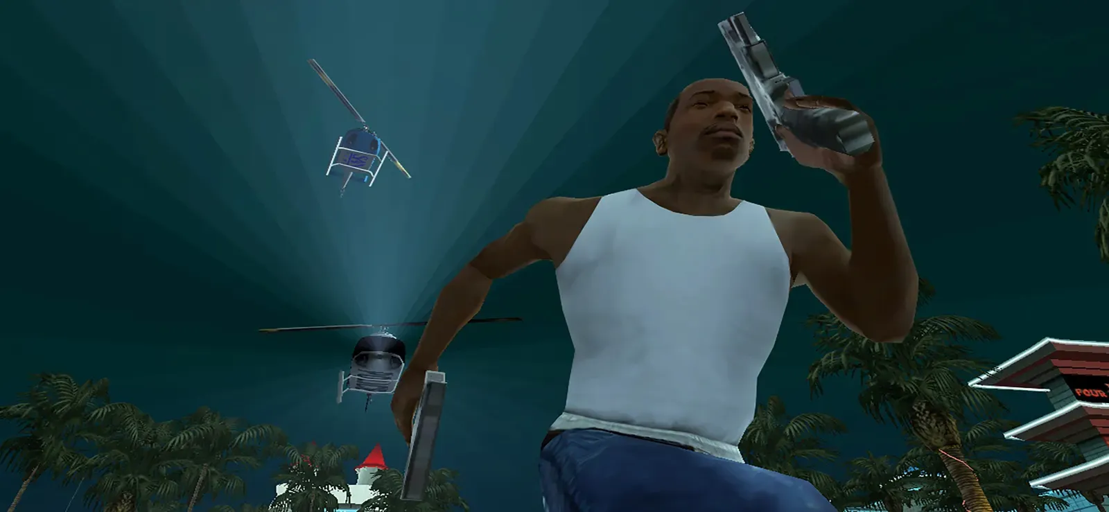 Original game, 2013 mobile release: CJ aims a pistol up at a police helicopter whose searchlight cuts through the night sky