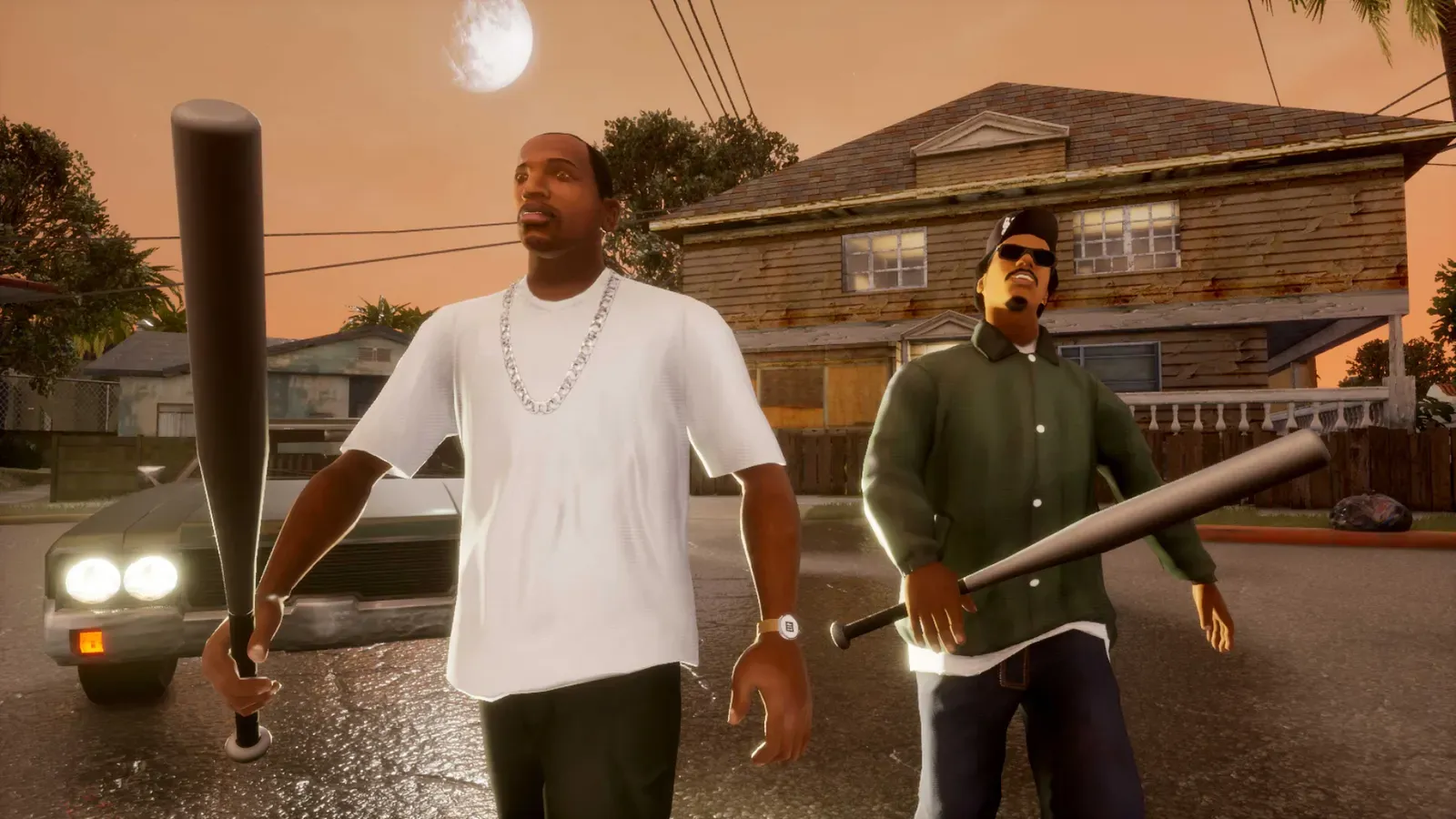 Definitive Edition: CJ and Ryder carry baseball bats past a run down wooden house under a full moon, a lowrider behind them