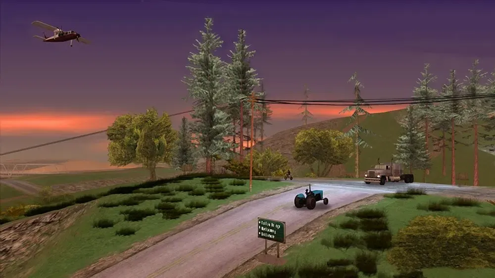 Original game (Xbox 360 release): a tractor and a truck share a winding country road through pine trees at dusk as a twin engine plane flies overhead