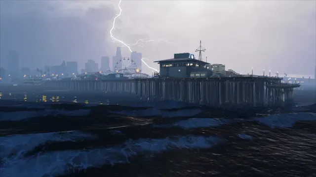 Lightning strikes over the Los Santos skyline behind Del Perro Pier and its Ferris wheel on a stormy sea