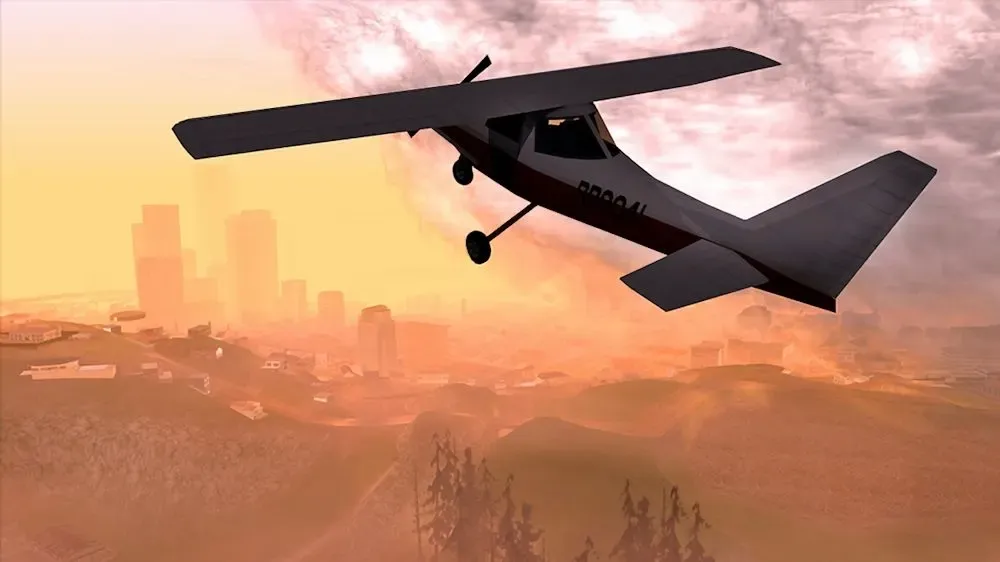 Original game (Xbox 360 release): a small high wing propeller plane banks over the hills with the Los Santos towers in a hazy orange sky