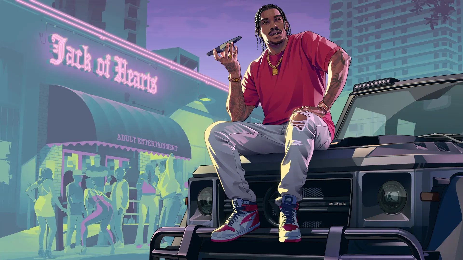 Official artwork of Dre'Quan Priest sitting on an SUV outside the Jack of Hearts club