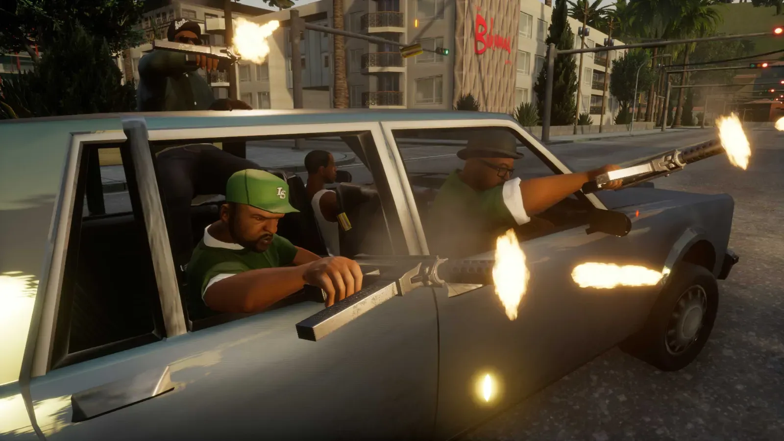 Definitive Edition: Big Smoke and other Grove Street members fire guns from a pale blue sedan on a sunny city street