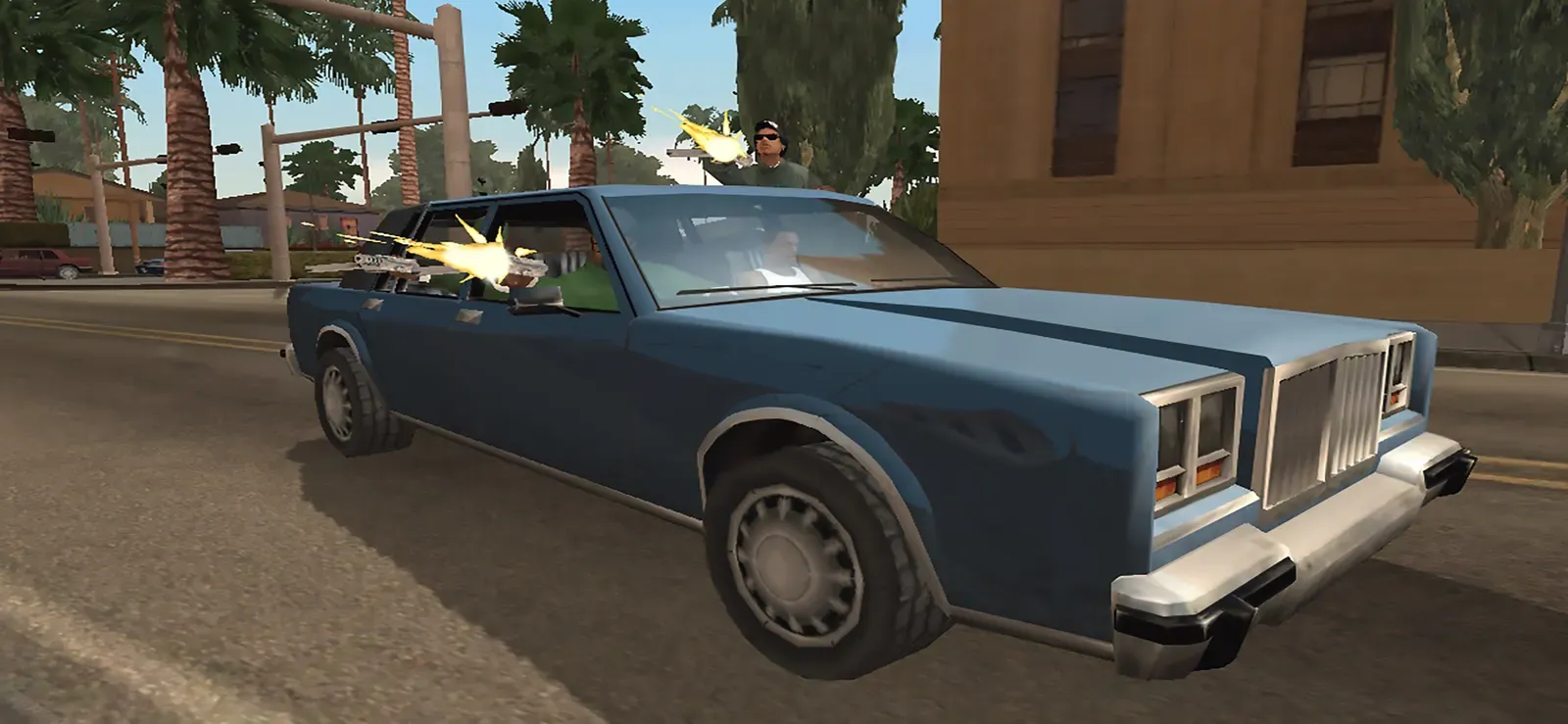 Original game, 2013 mobile release: gang members fire from the windows of a blue sedan on a sunny city street