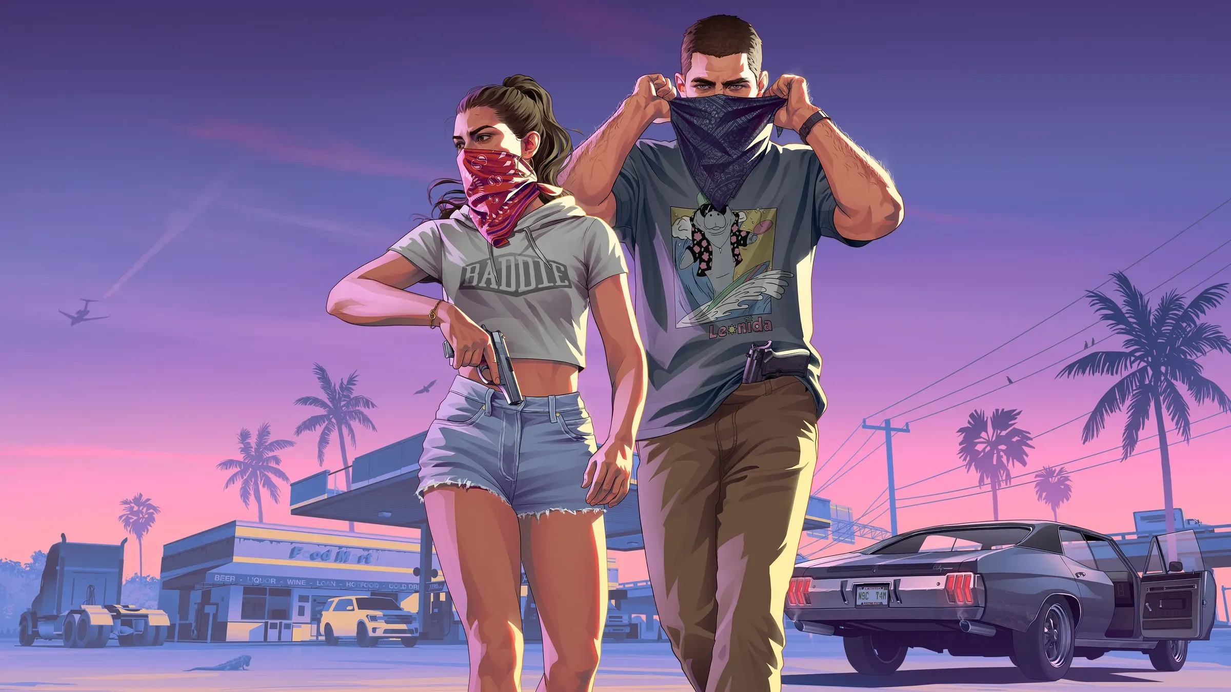 Official artwork: Jason and Lucia in bandanas walking away from a gas station robbery