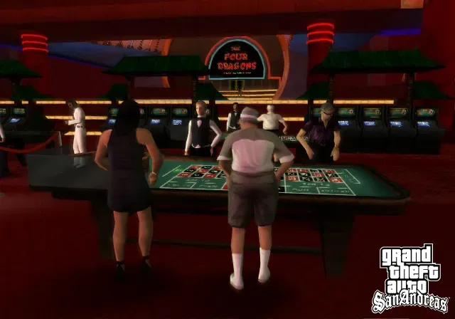 Original game: gamblers crowd a roulette table on the red casino floor below The Four Dragons sign