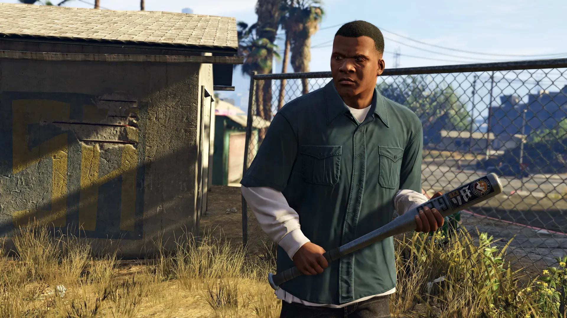 Franklin stands in a dry back lot holding a baseball bat, beside a chain link fence on a sunny day