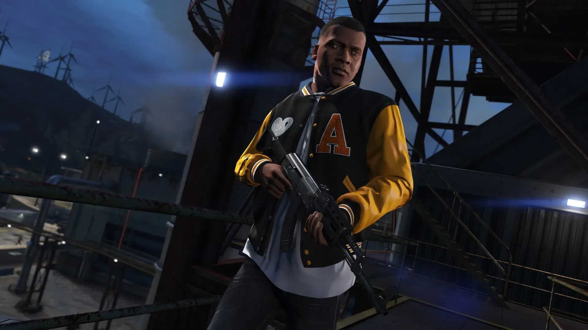 Franklin in a letterman jacket holds a rifle under a steel structure at night
