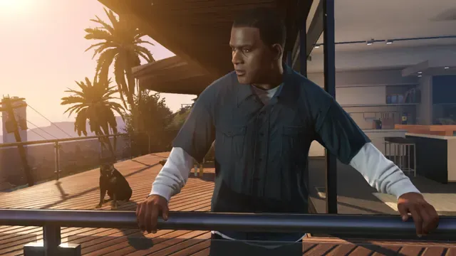 Franklin leans on the rail of a house deck at sunset, with his dog Chop beside him
