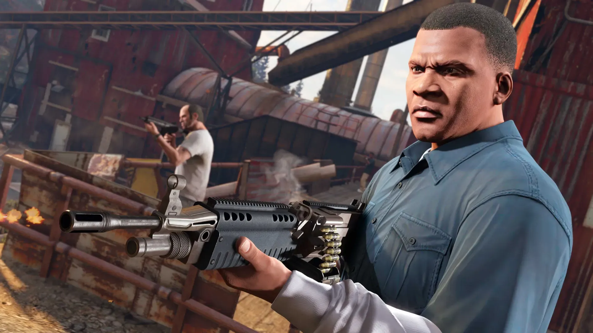 Franklin holds a belt fed machine gun at a rusty industrial site while a gunman fires in the background