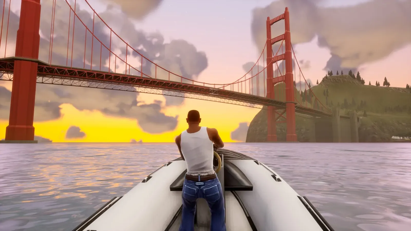 Definitive Edition: CJ steers a small inflatable boat across the bay toward a red suspension bridge at sunset