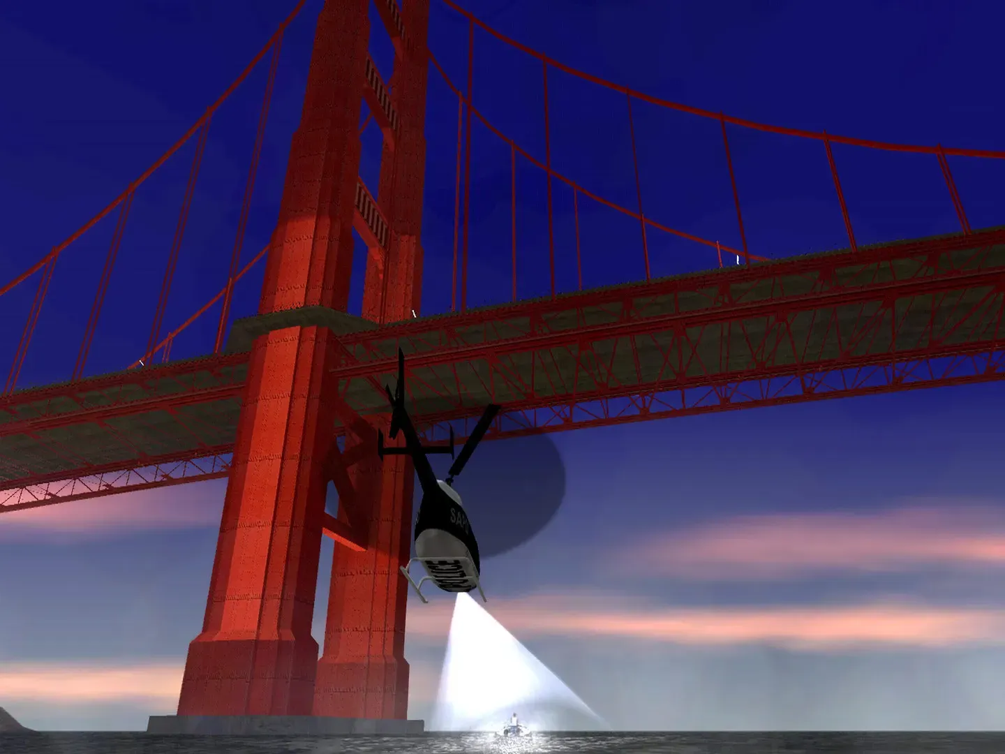 Original game (PC): a helicopter shines a searchlight below the red towers of a suspension bridge at night