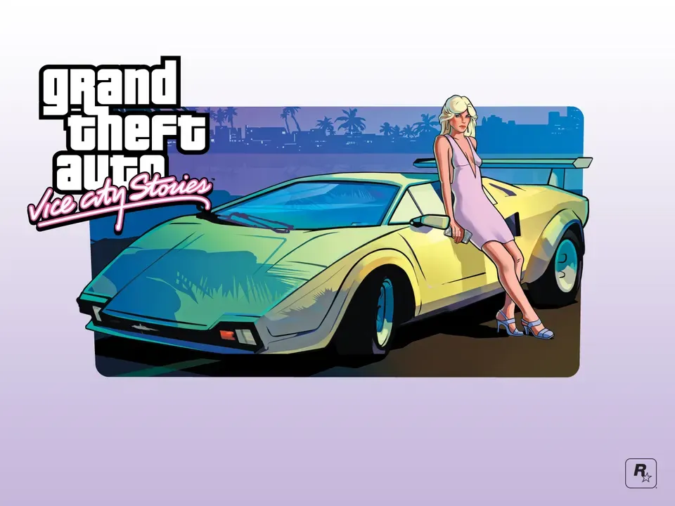 Girl and car, coloured background, official GTA Vice City Stories wallpaper