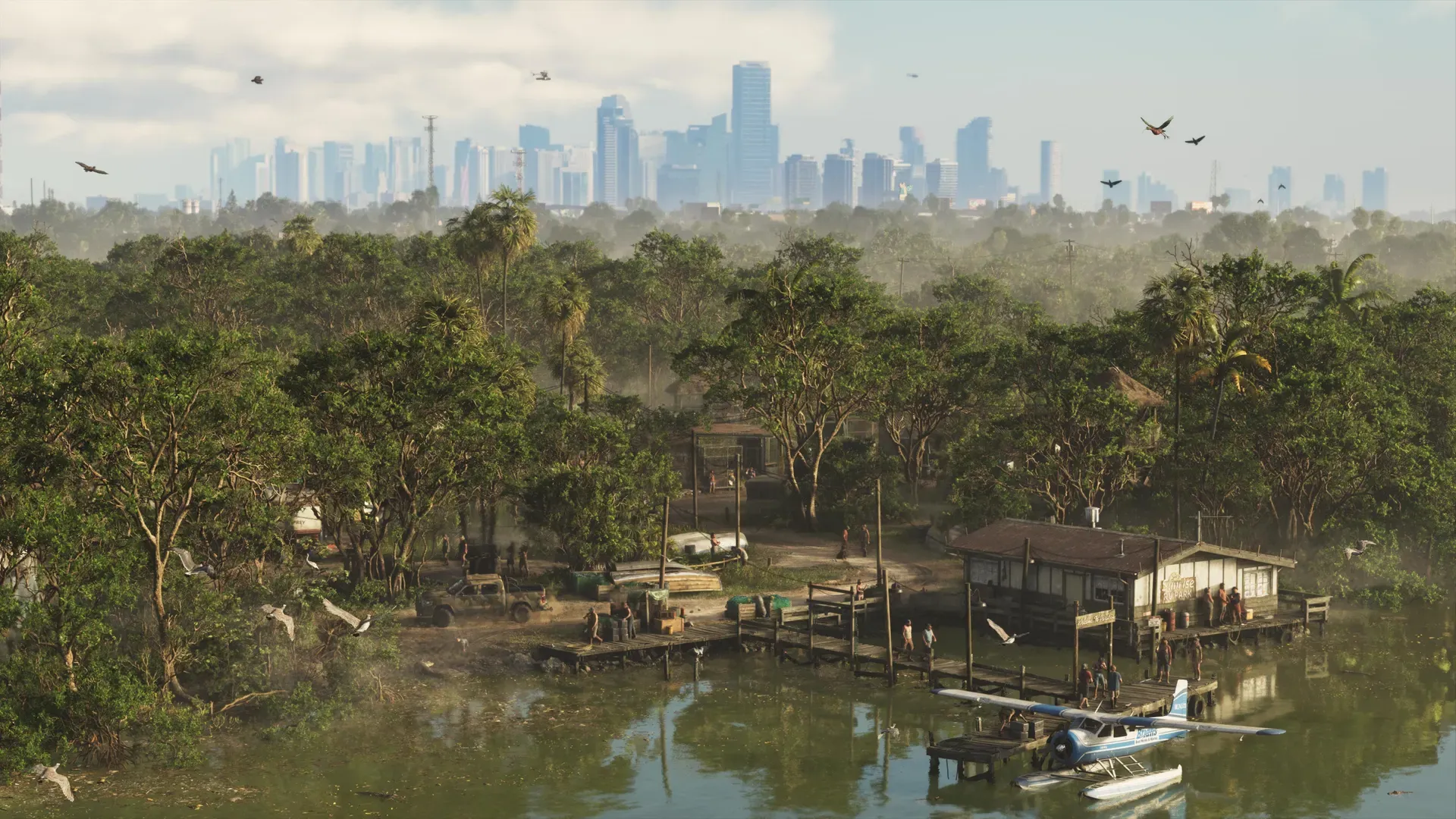 A swamp village of wooden shacks and a seaplane in Grassrivers, with the Vice City skyline in the distance.