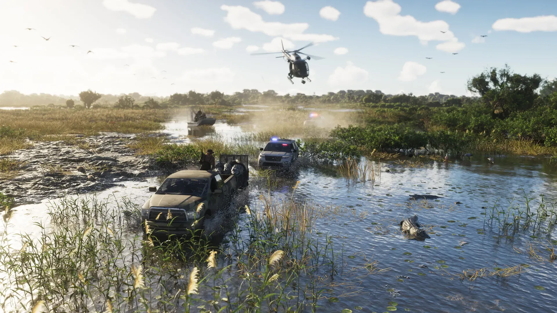 A helicopter and two police cars chase a pick-up truck through a swamp with alligators in the Grassrivers. An airboat is seen in the background.