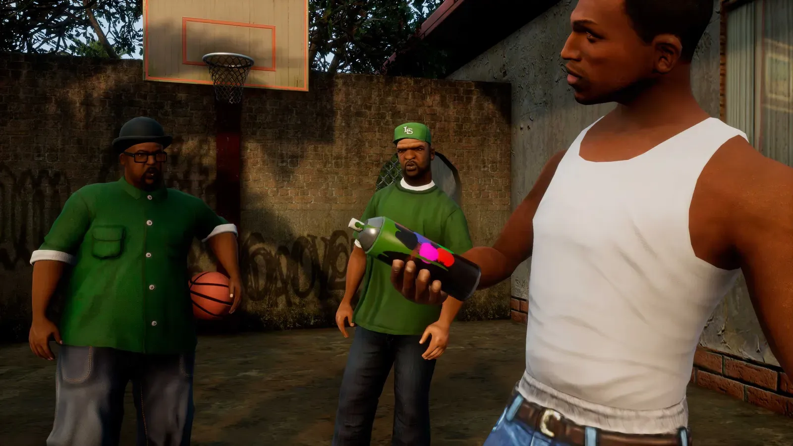 Definitive Edition: CJ holds a spray can beside a basketball hoop while Big Smoke, holding a basketball, and another Grove Street member stand behind