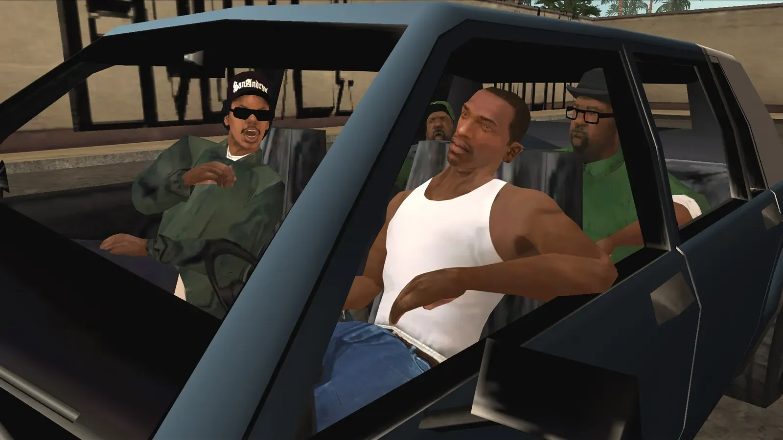 Original game, 2013 mobile release: CJ sits in the front of a dark sedan while Ryder in sunglasses talks from the driver seat and Big Smoke rides in the back