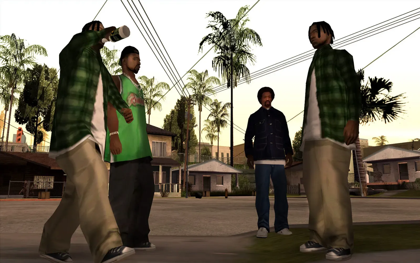 Original game (PC): four Grove Street members in green stand in the street of a quiet residential block