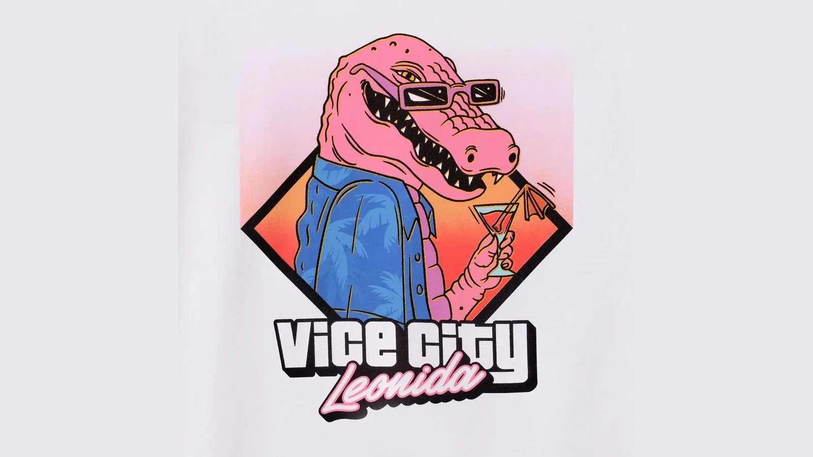 A white tee with a pink cartoon alligator in sunglasses holding a cocktail and the words Vice City Leonida