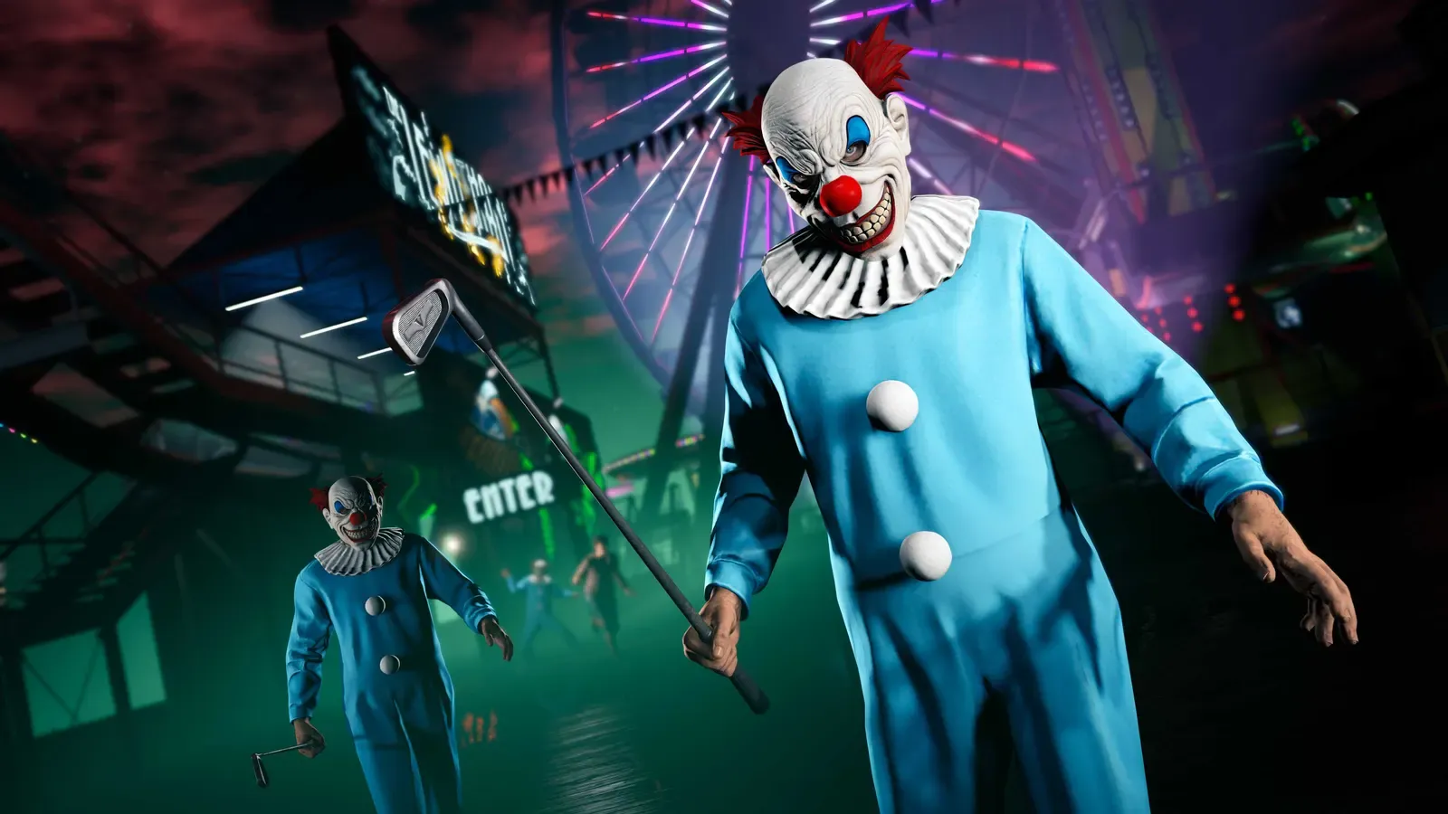 A killer clown with a club walking through a dark fairground in GTA Online's Slasher mode