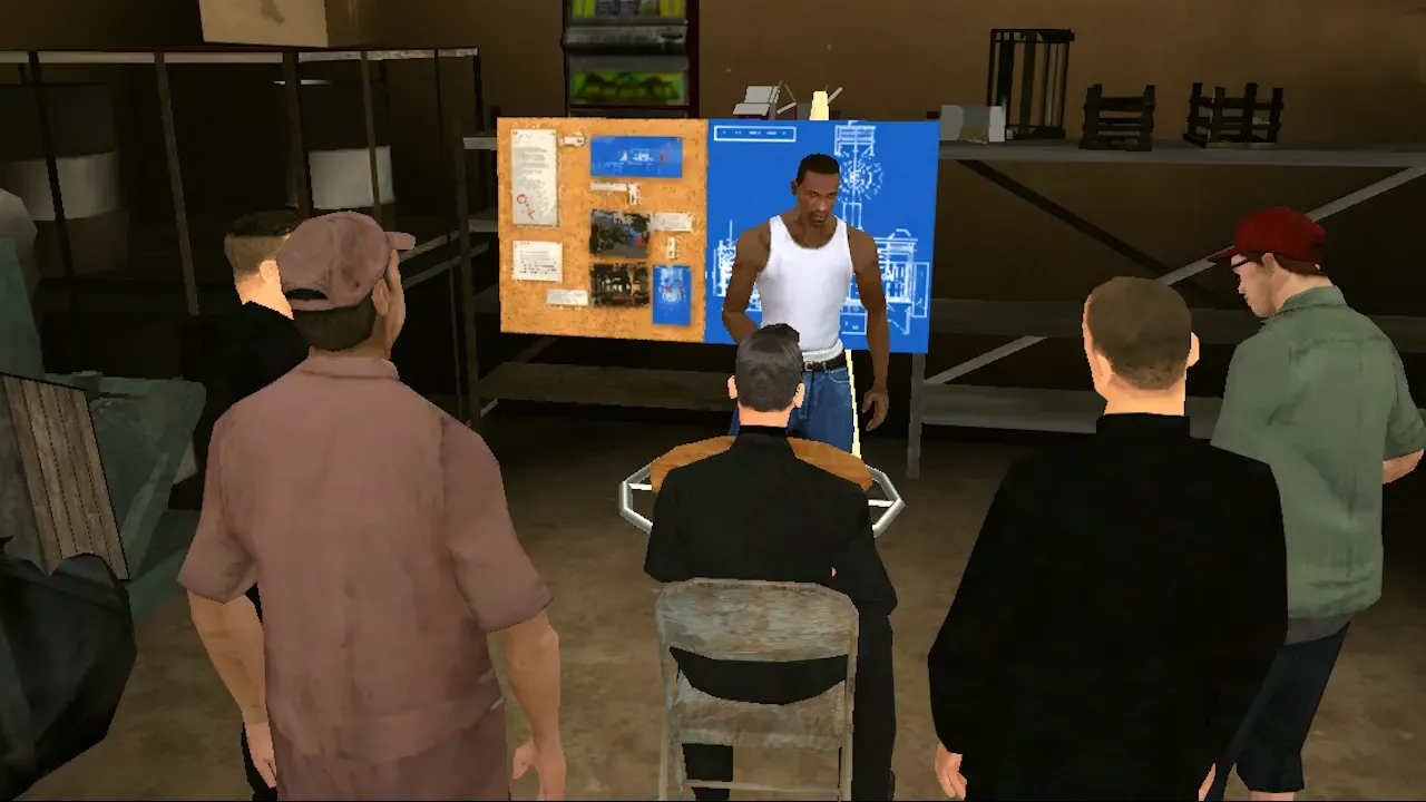 Original game, 2013 mobile release: CJ stands at a planning board covered in plans and photos while a crew listens in a warehouse