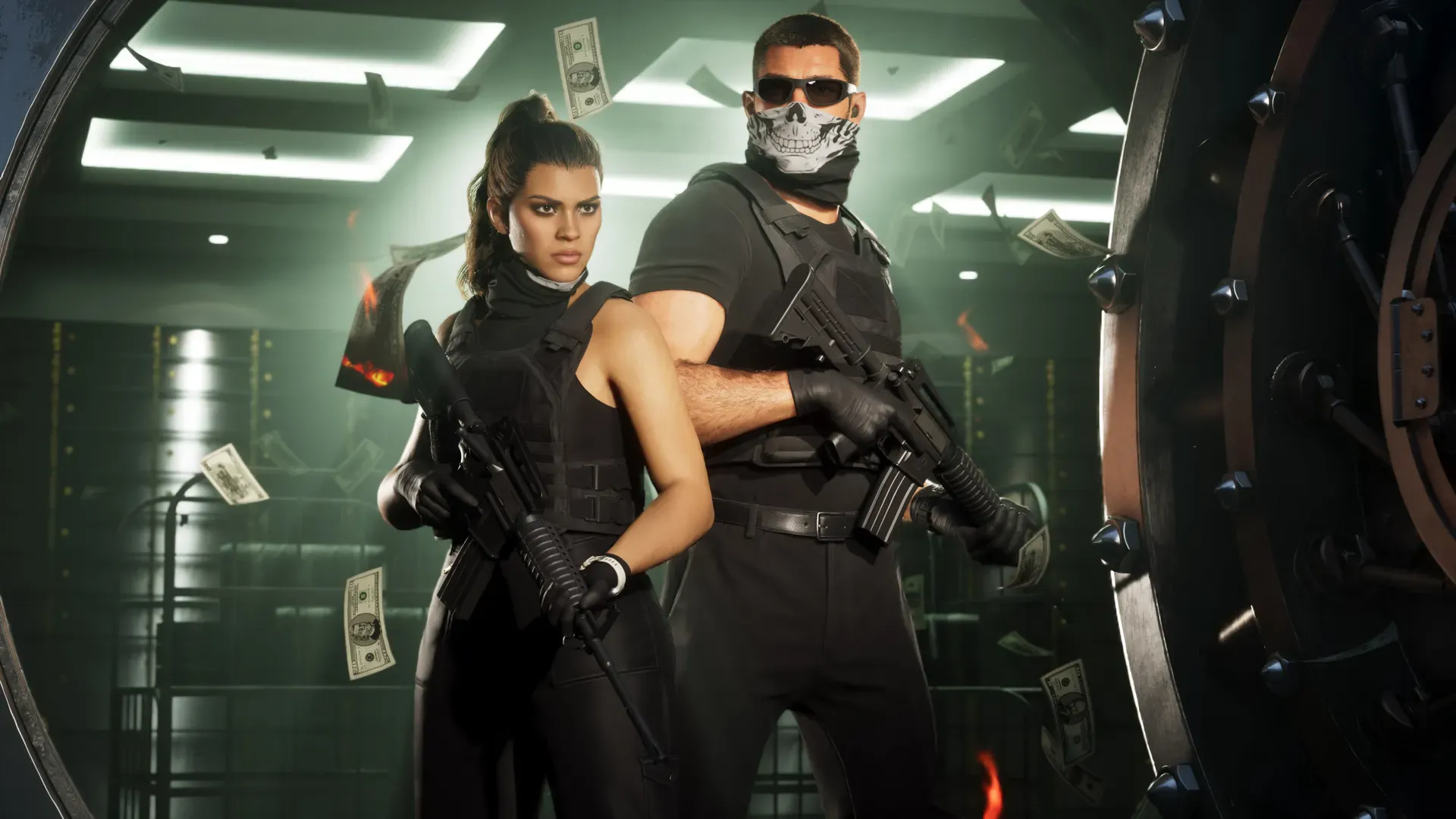 Jason in a skull mask and Lucia in tactical gear holding rifles inside a bank vault as cash flies around.