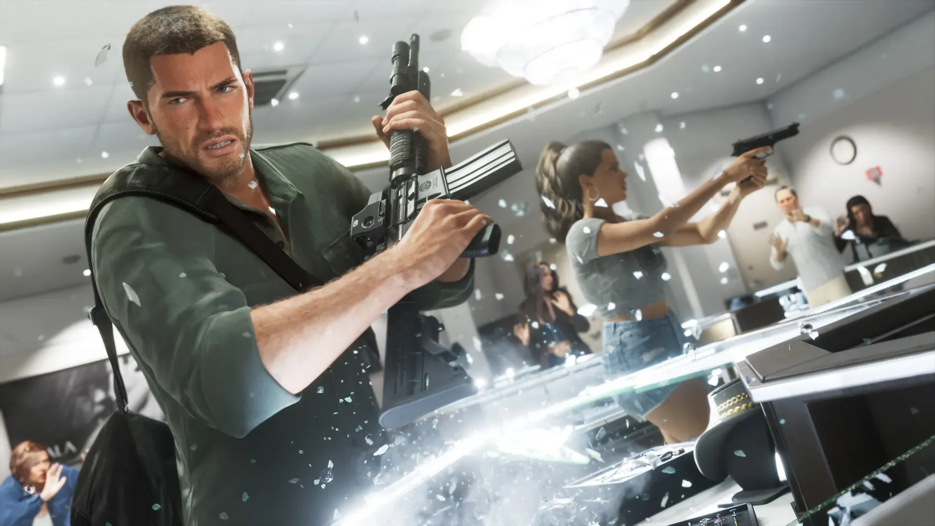 Jason holding a rifle and Lucia aiming a pistol during a robbery as glass shatters around them.