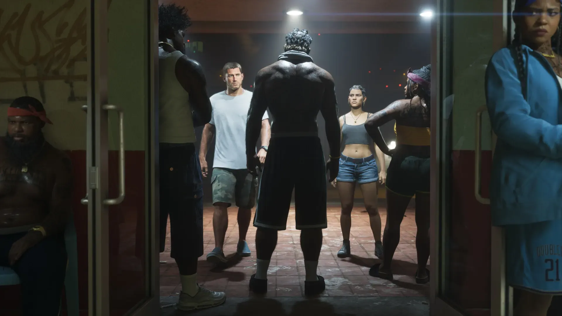 A group of people, including Jason and Lucia, stand in a doorway lit from above.