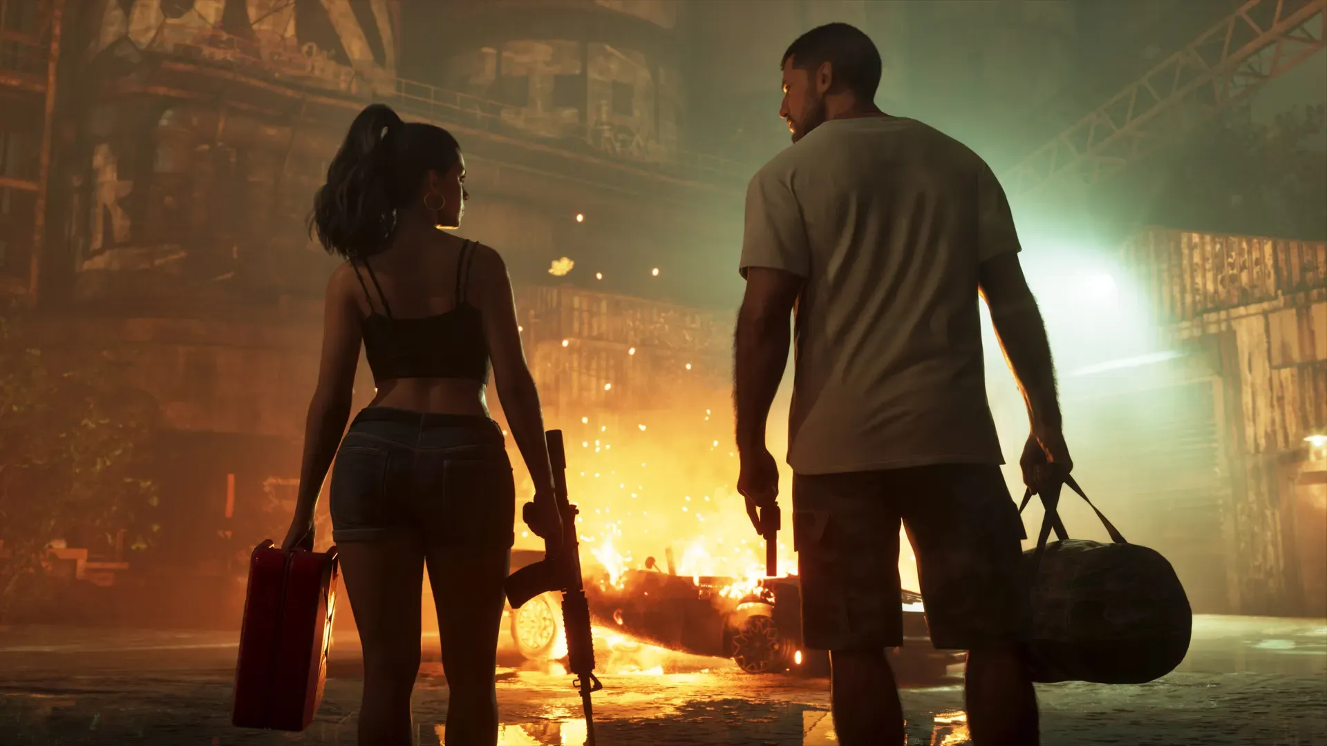 Lucia carrying a gas can and Jason carrying a bag walk toward a burning car at night.