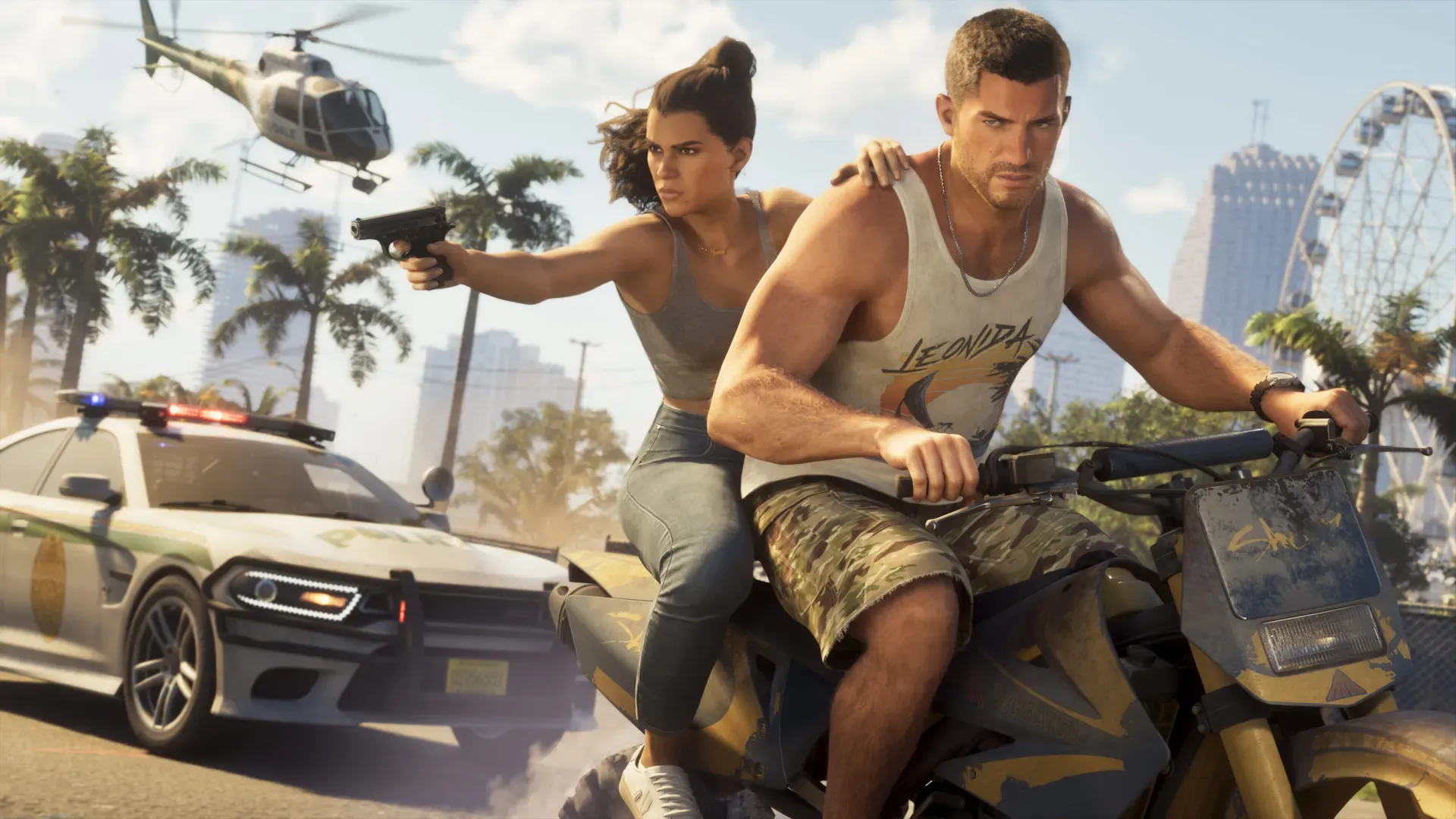 Jason and Lucia escaping police on a motorcycle in Vice City