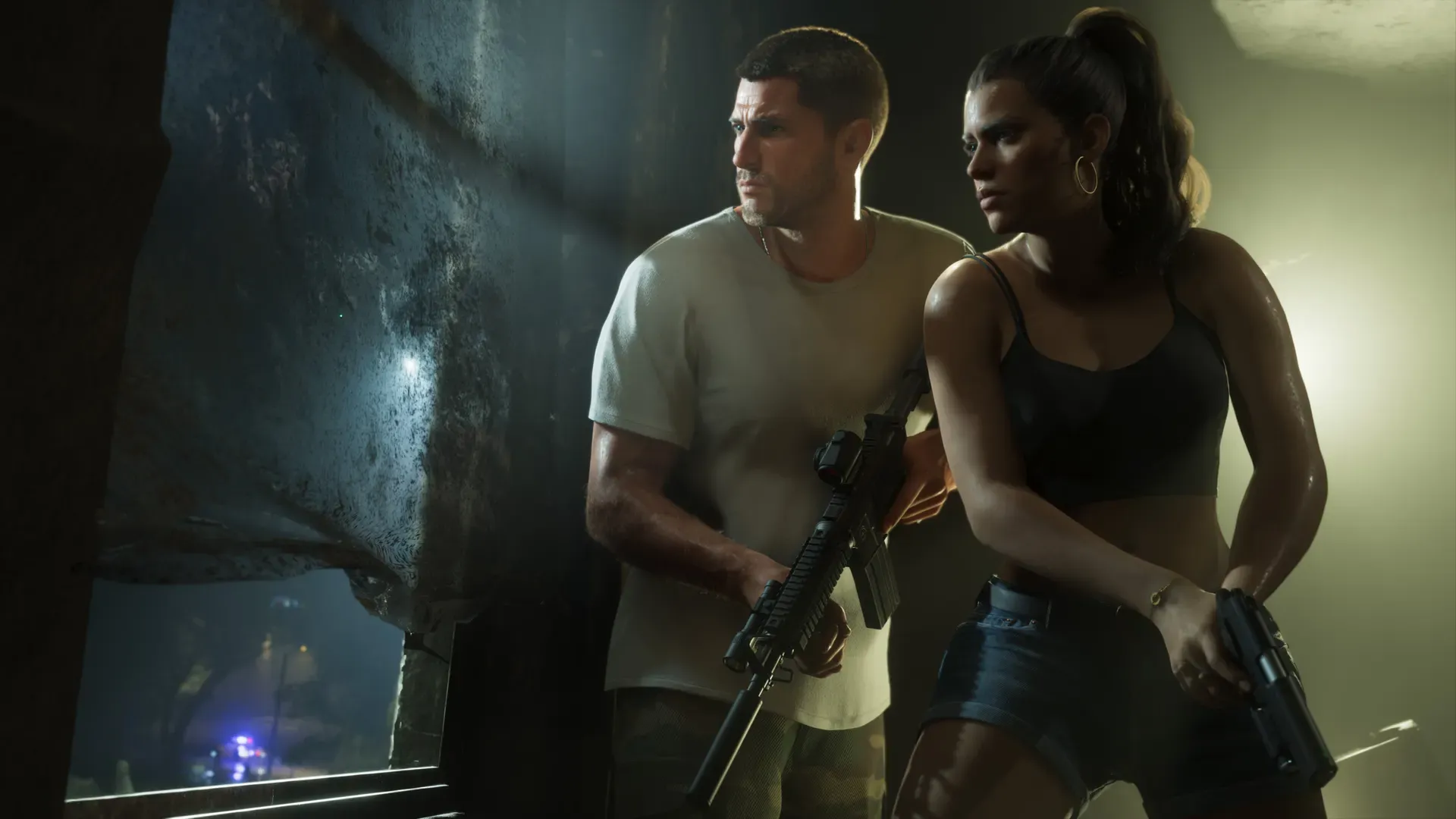 Jason and Lucia holding guns in a dark hallway.