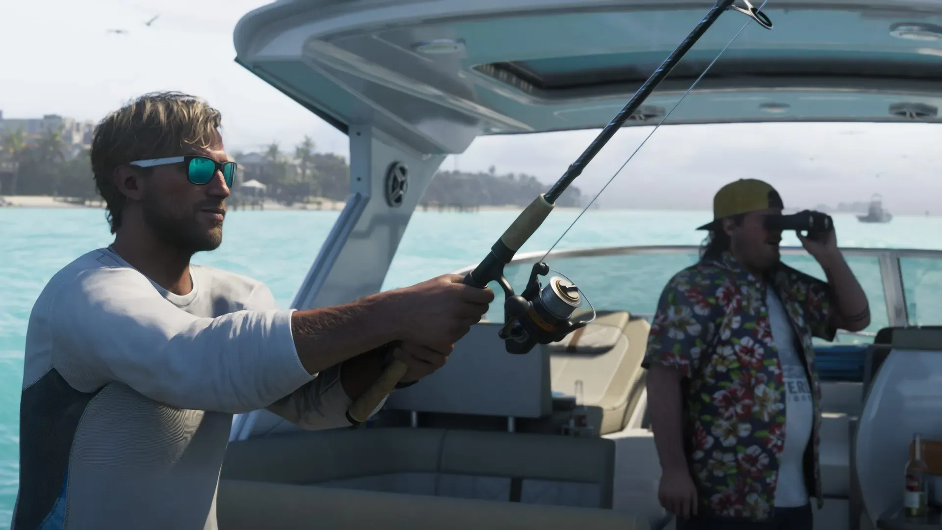 Jason and Cal on a boat. Jason is holding a fishing rod and Cal is holding binoculars up to his eyes.