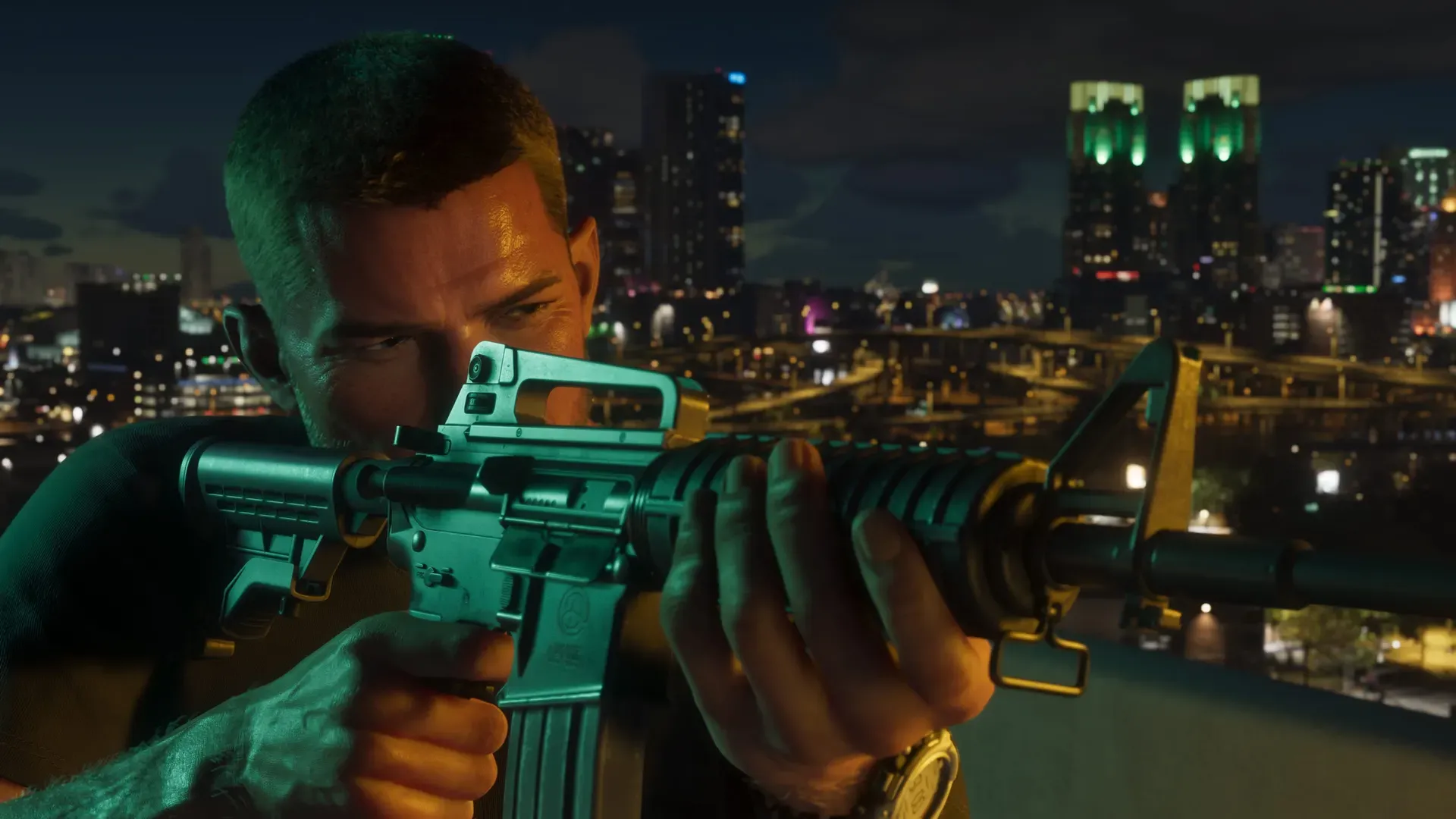 Jason holding and aiming an automatic weapon.