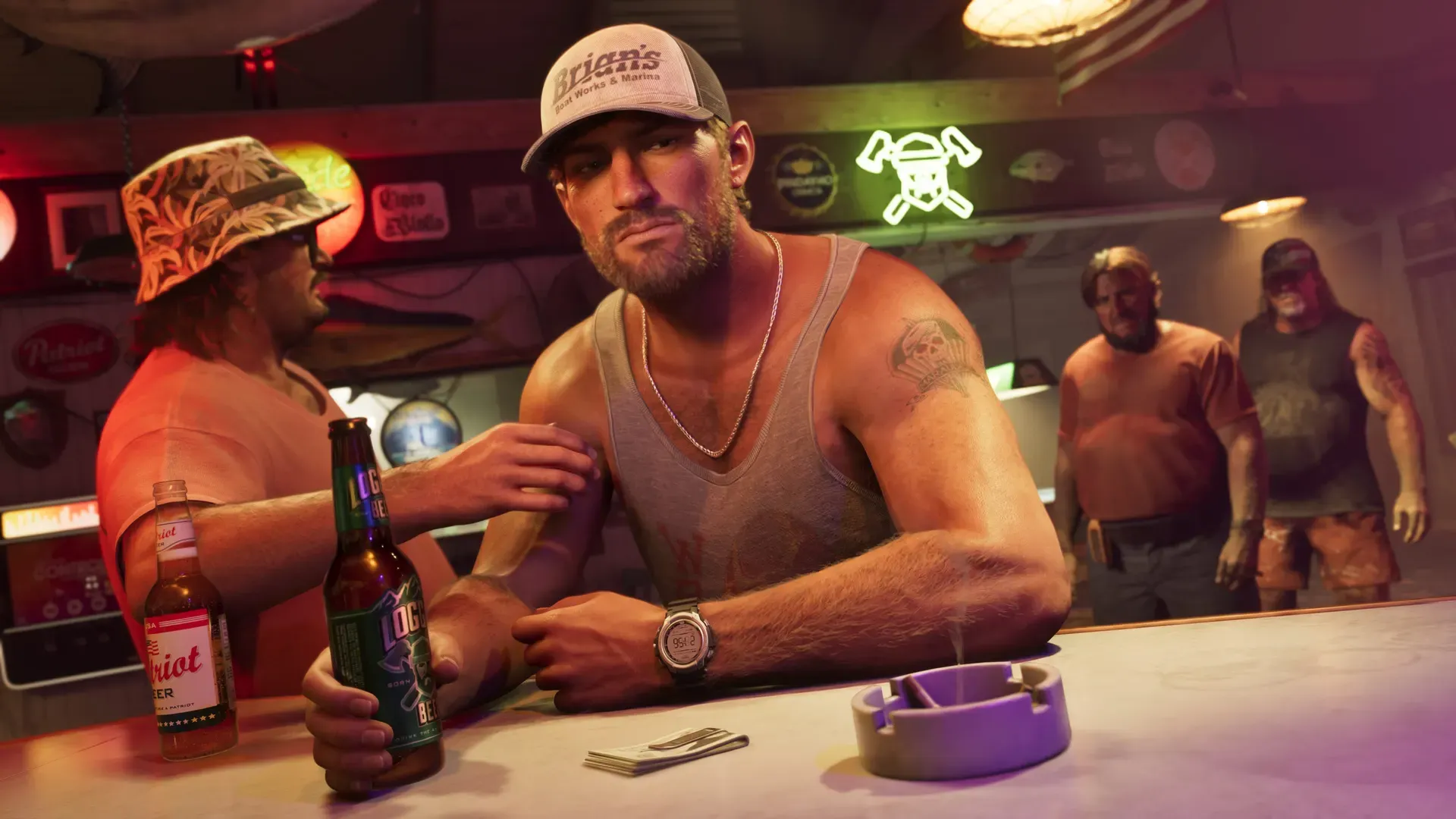 Four men in a bar. In the foreground, Jason and Cal are at the bar with beers. In the background two men are looking their way.