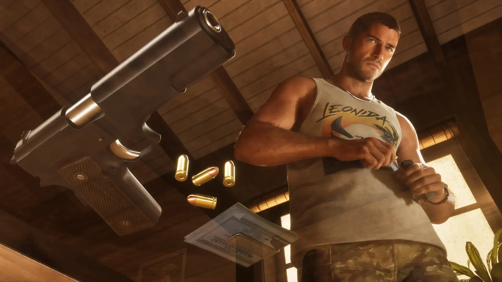 Jason in a tank top standing at a table with a pistol and loose bullets.