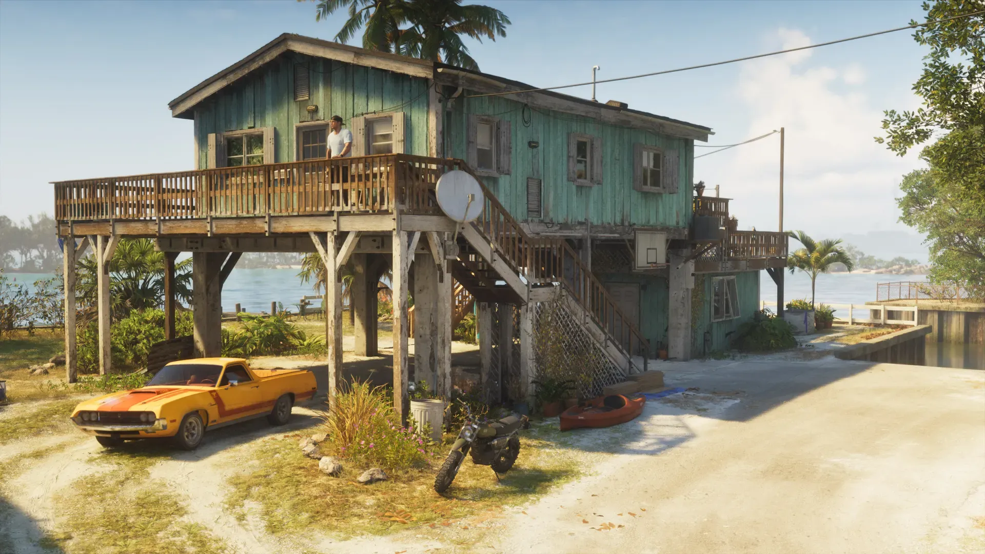 Jason's stilt house safehouse with the Vapid Ganado, Dinka Enduro and Crest Kayak outside
