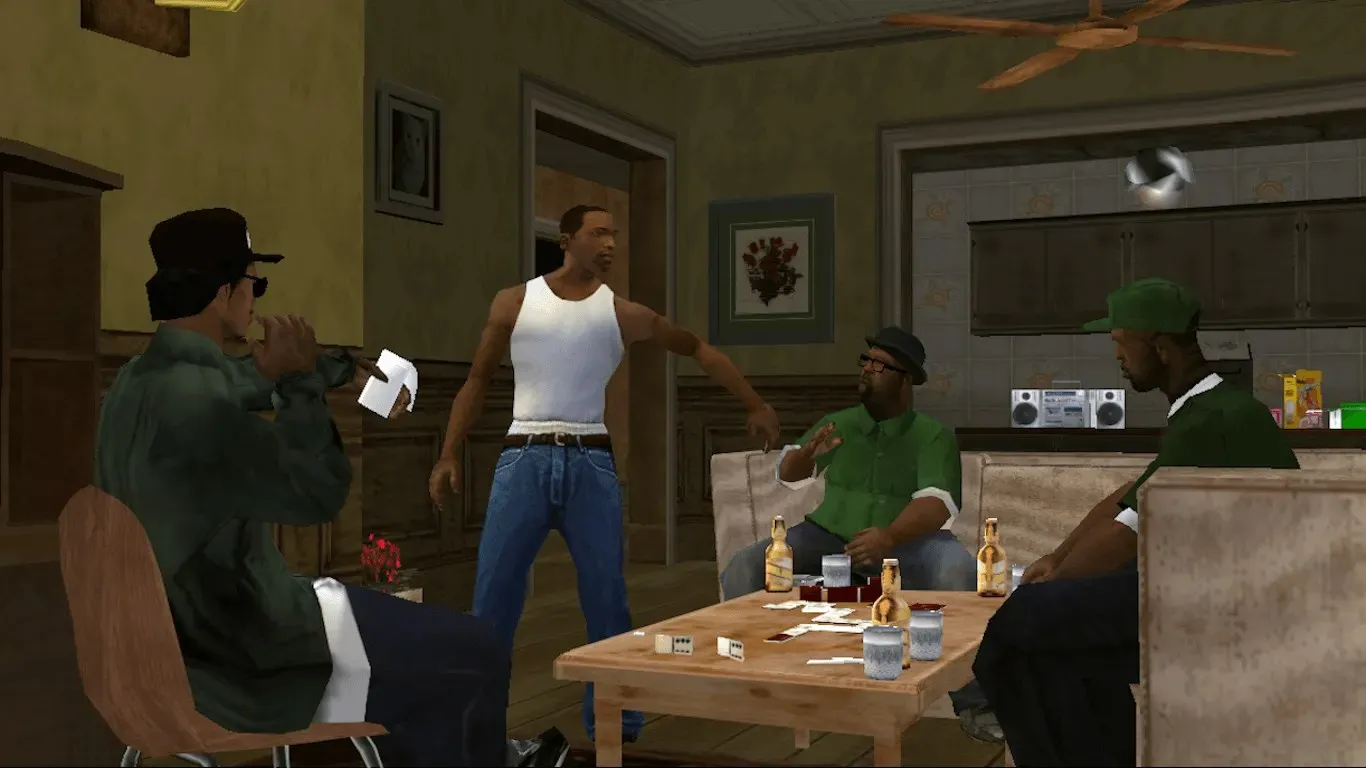 Original game, 2013 mobile release (Windows): CJ stands in a living room while three men in green and dark clothes sit around a table playing cards